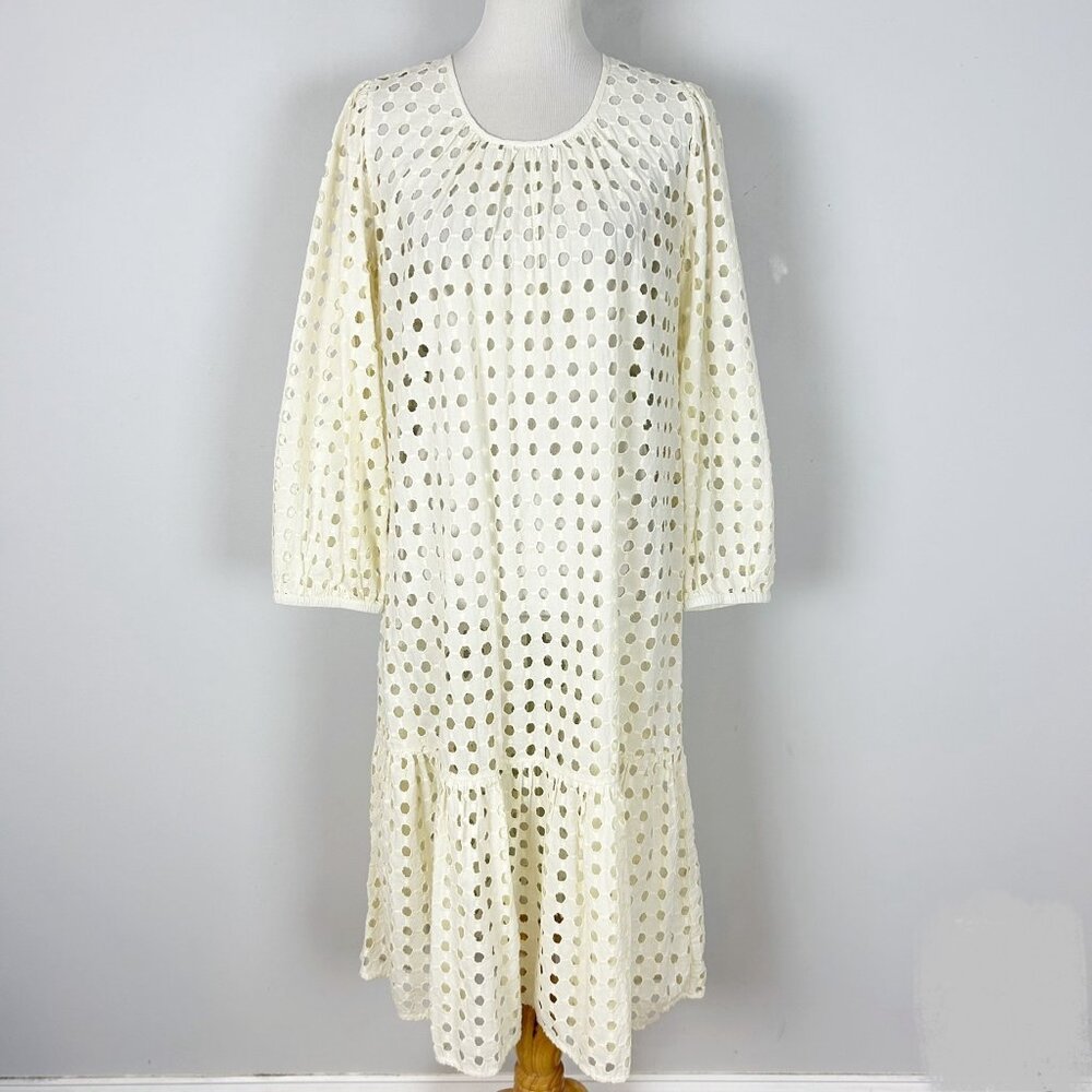 V DE VINSTER Shiffli Eyelet Midi Dress Ivory Tiered Boho Size Medium Women's